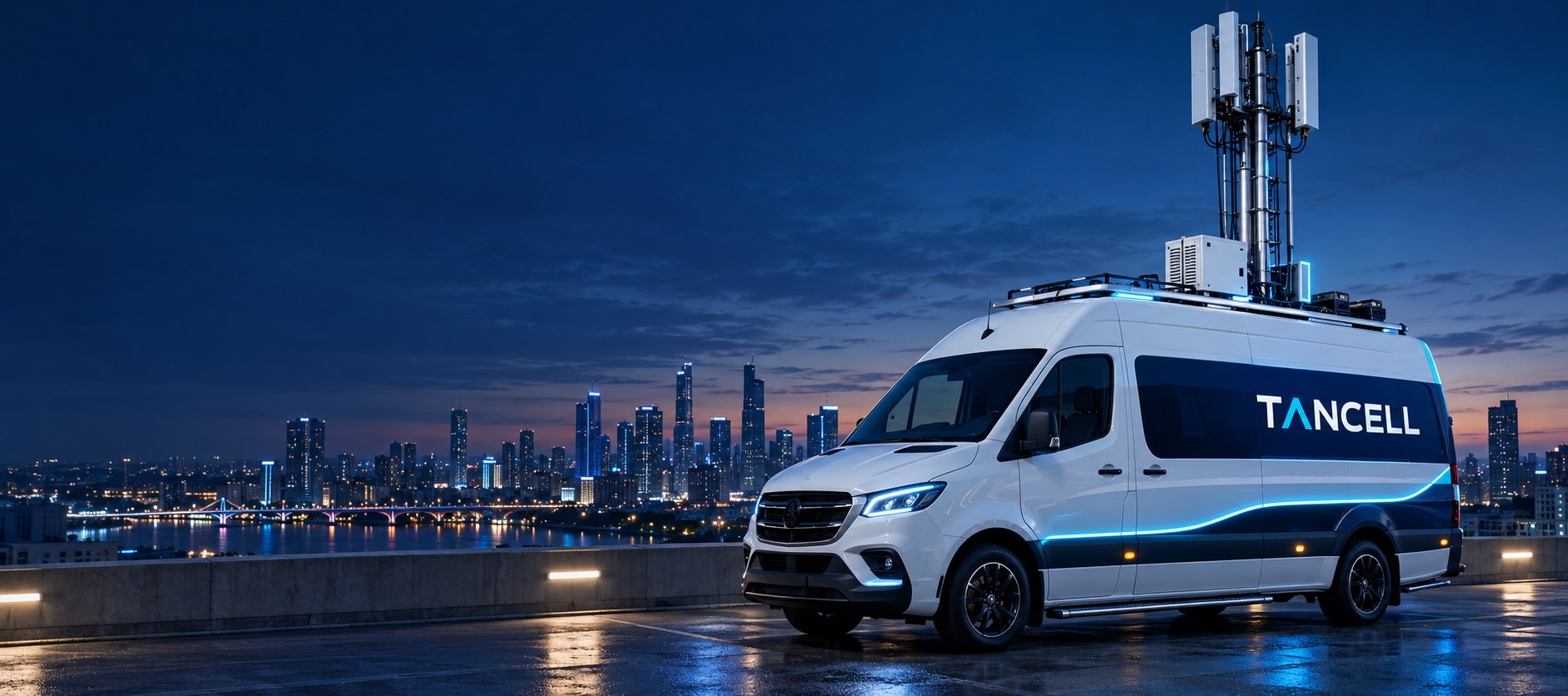 Tancell-branded mobile 5G van with roof-mounted antenna mast